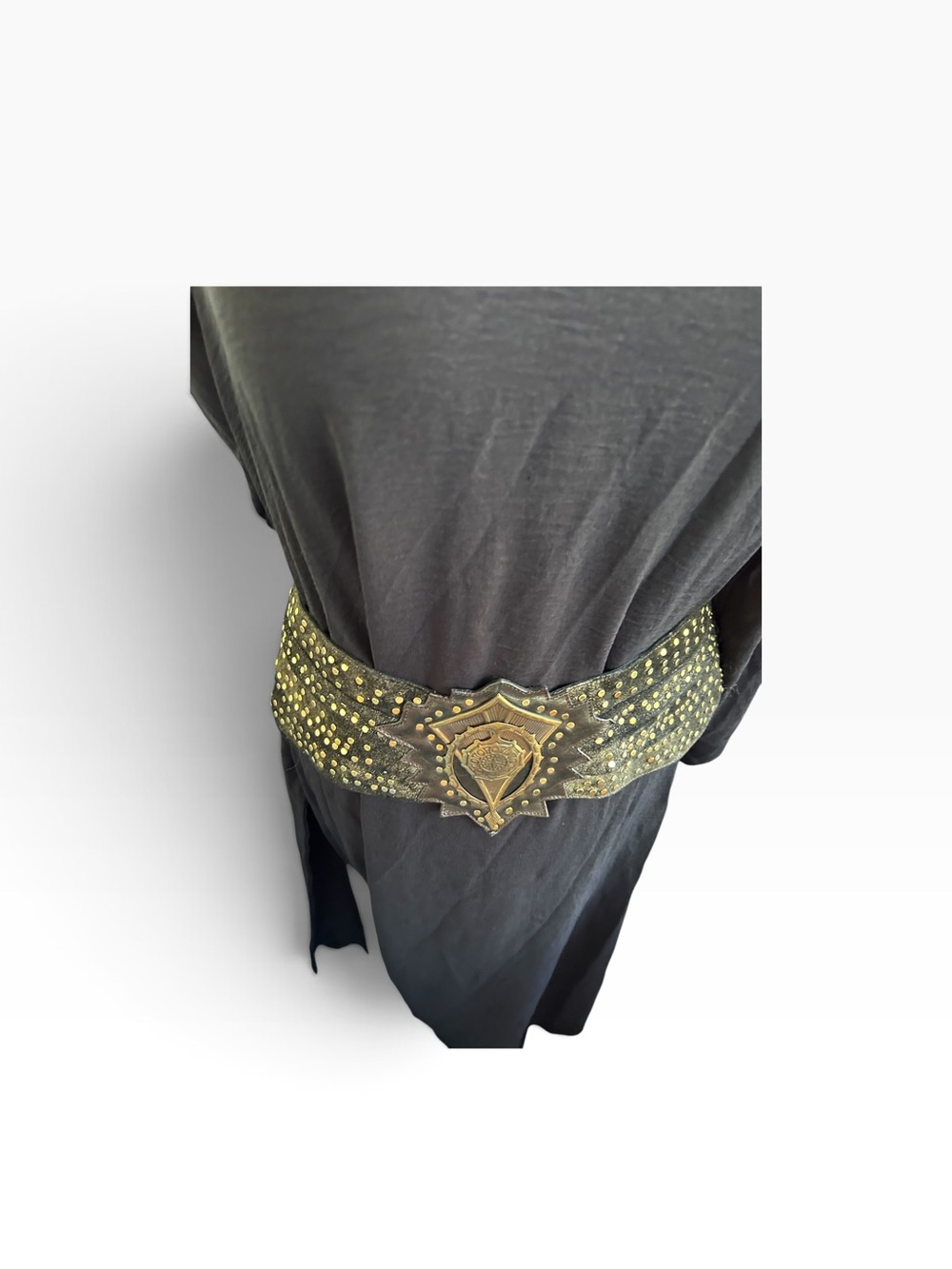 Rare El Vaquero 1980s Wide Black Leather and Gold Statement Belt Medium or Large